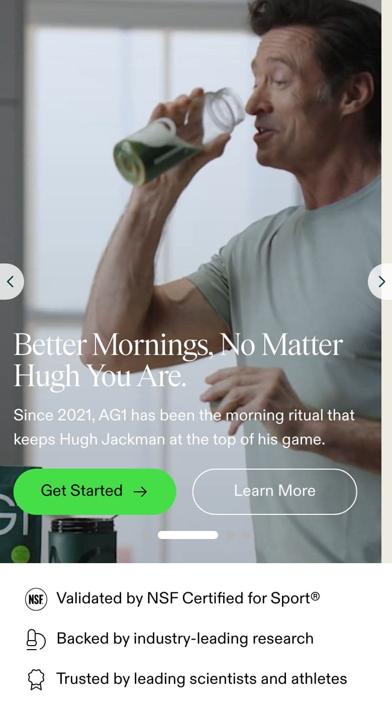 Hero section from AG1 Official, a supplements & wellness Shopify store — mobile screenshot