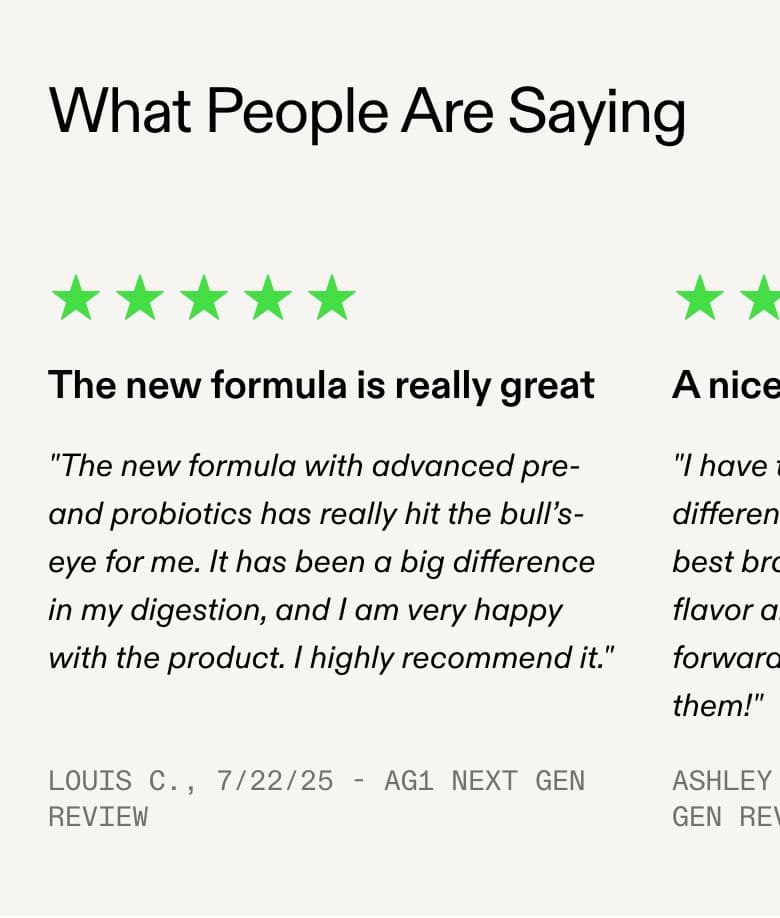 Testimonial section from AG1 Official, a supplements & wellness Shopify store — mobile screenshot