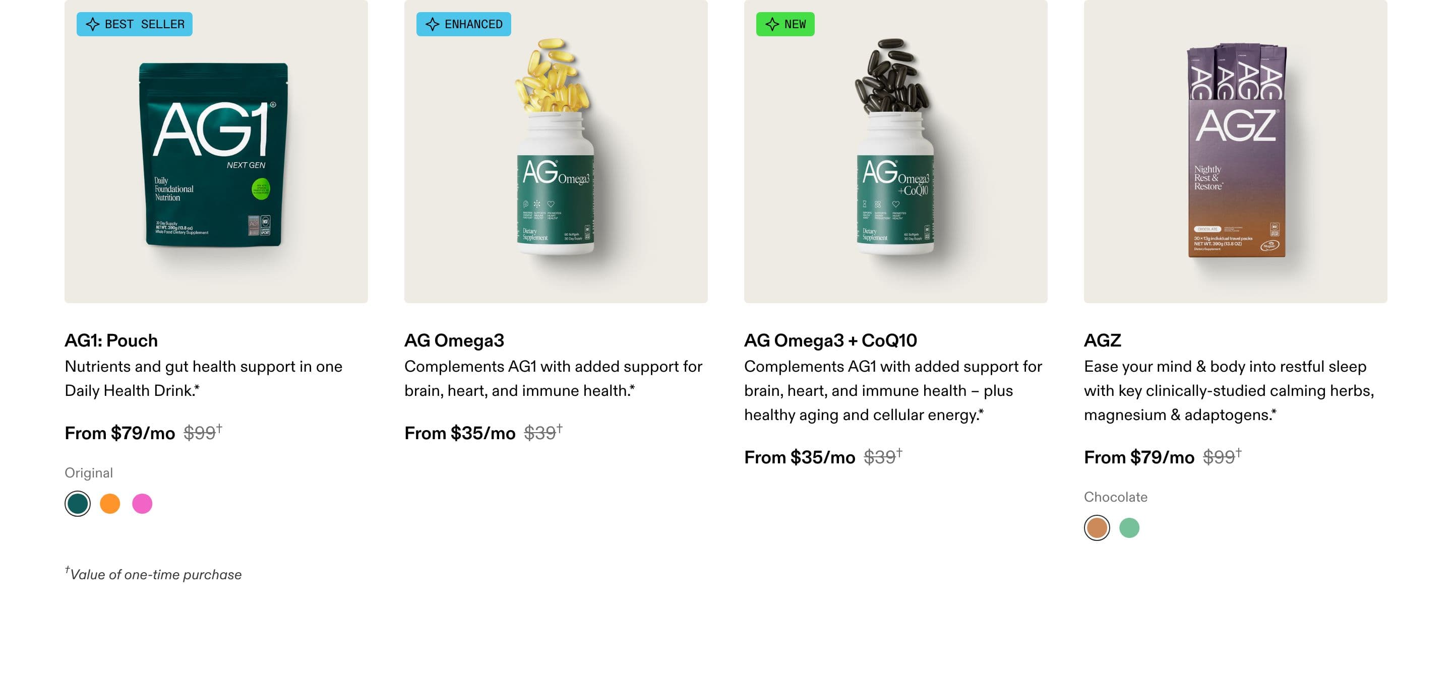 Collection / Product Grid section from AG1 Official, a supplements & wellness Shopify store — desktop screenshot