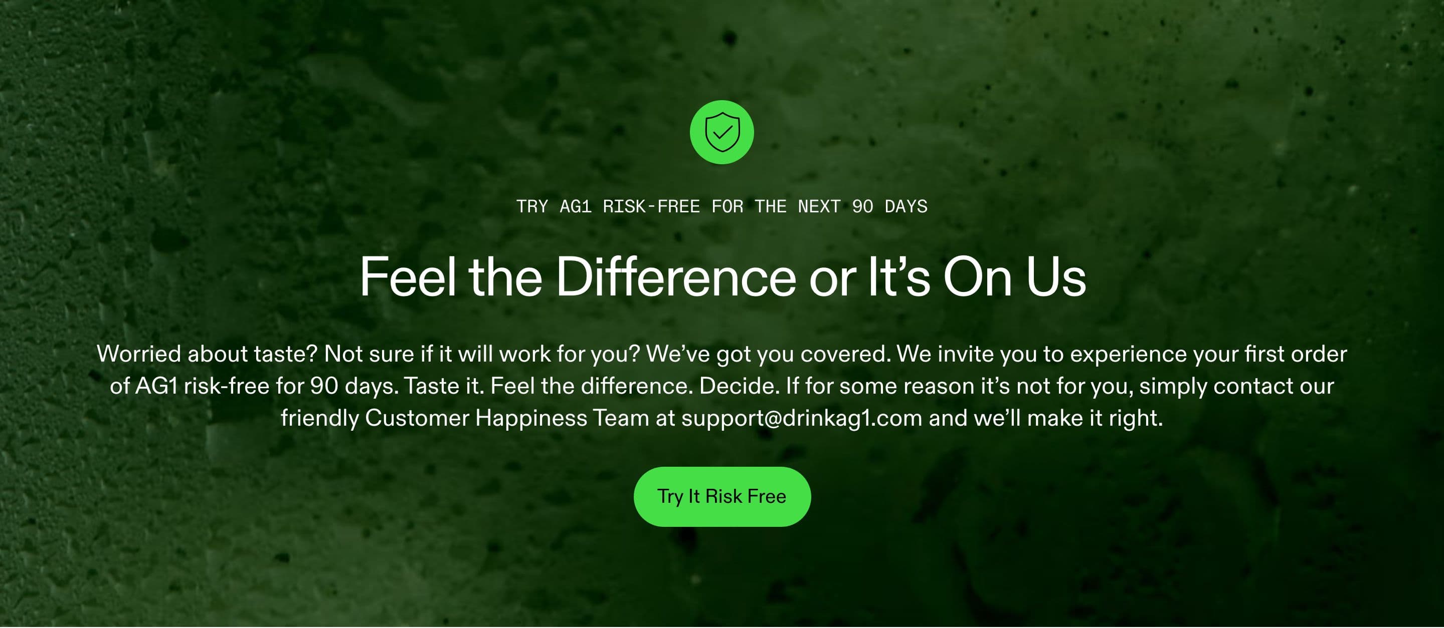 Trust Badges & Guarantees section from AG1 Official, a supplements & wellness Shopify store — desktop screenshot