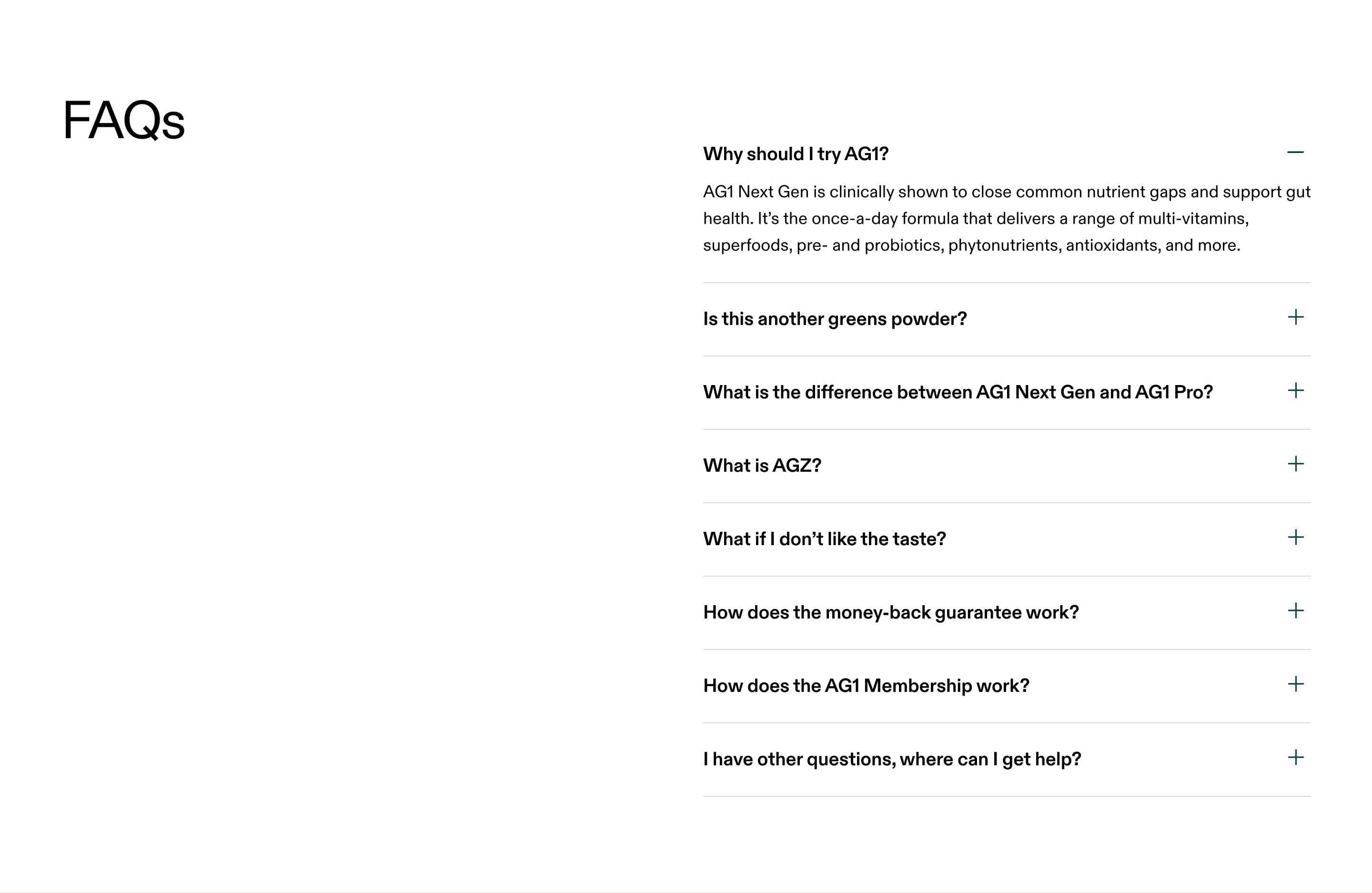 FAQ section from AG1 Official, a supplements & wellness Shopify store — desktop screenshot