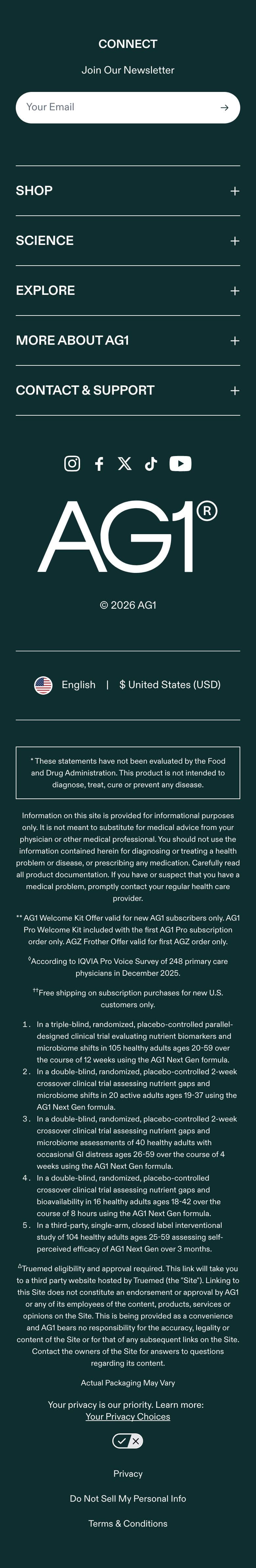 Footer section from AG1 Official, a supplements & wellness Shopify store — mobile screenshot