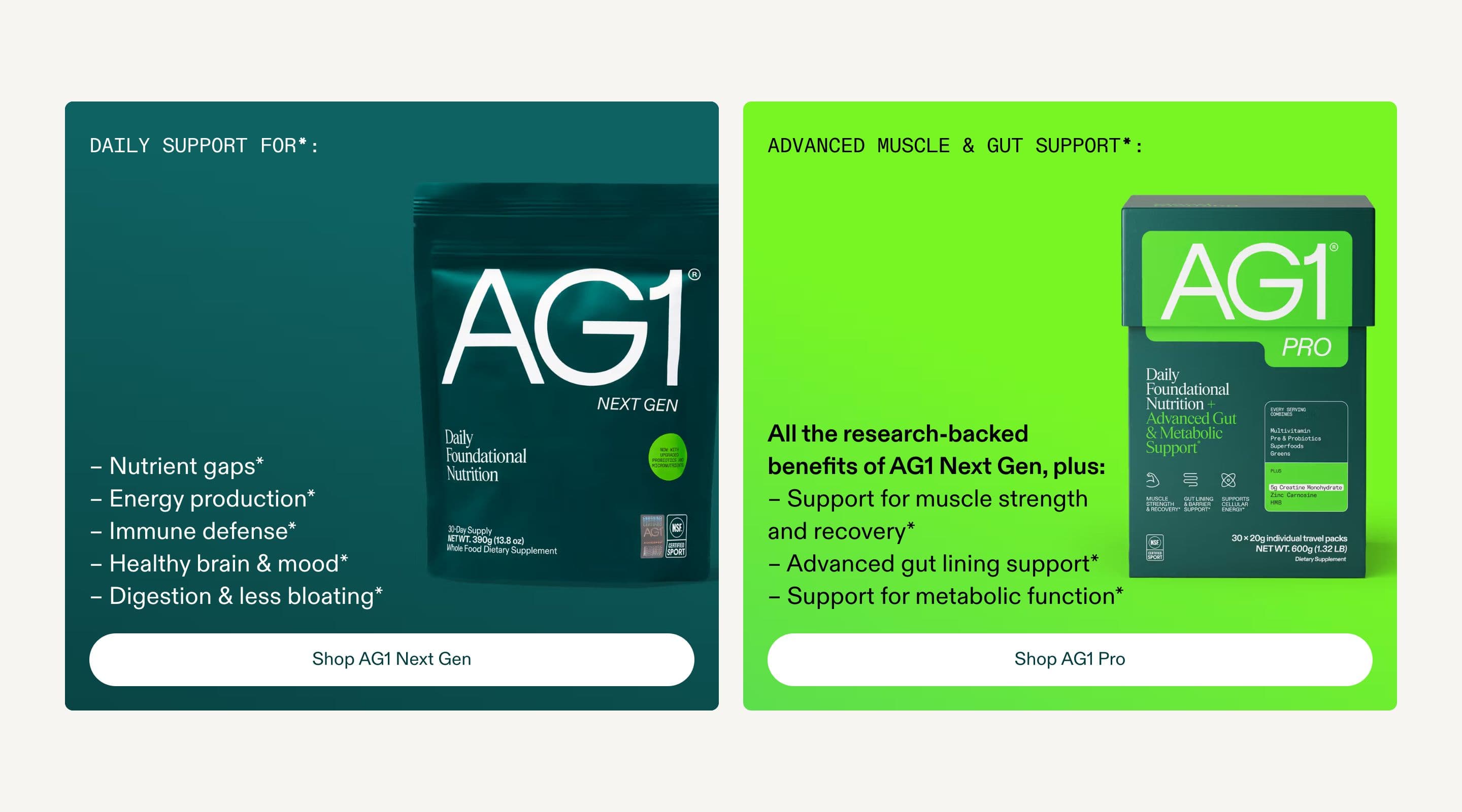 Bundle & Upsell section from AG1 Official, a supplements & wellness Shopify store — desktop screenshot