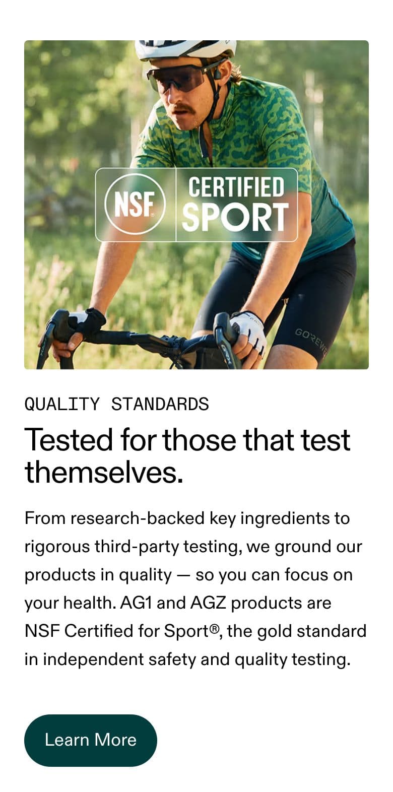 Trust Badges & Guarantees section from AG1 Official, a supplements & wellness Shopify store — mobile screenshot
