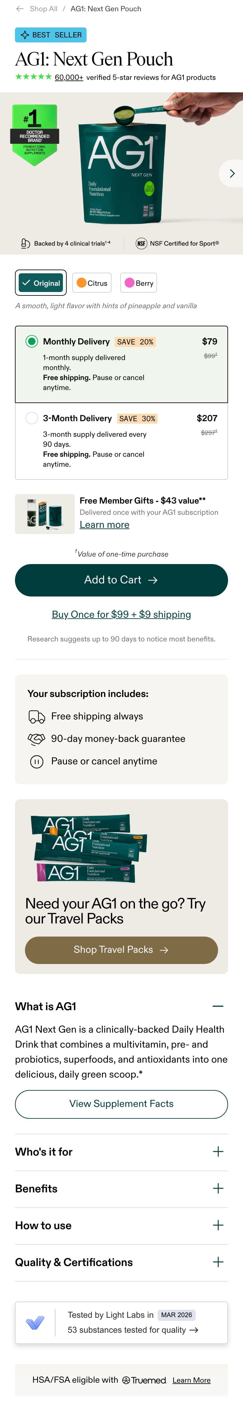 Buy Box & Add-to-Cart section from AG1 Official, a supplements & wellness Shopify store — mobile screenshot