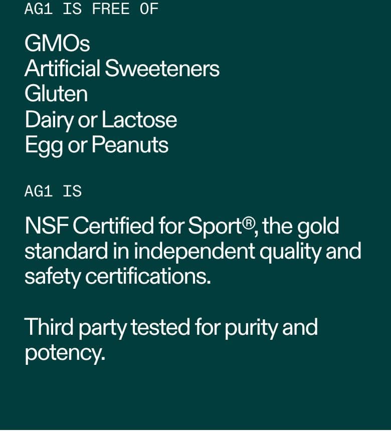 Trust Badges & Guarantees section from AG1 Official, a supplements & wellness Shopify store — mobile screenshot