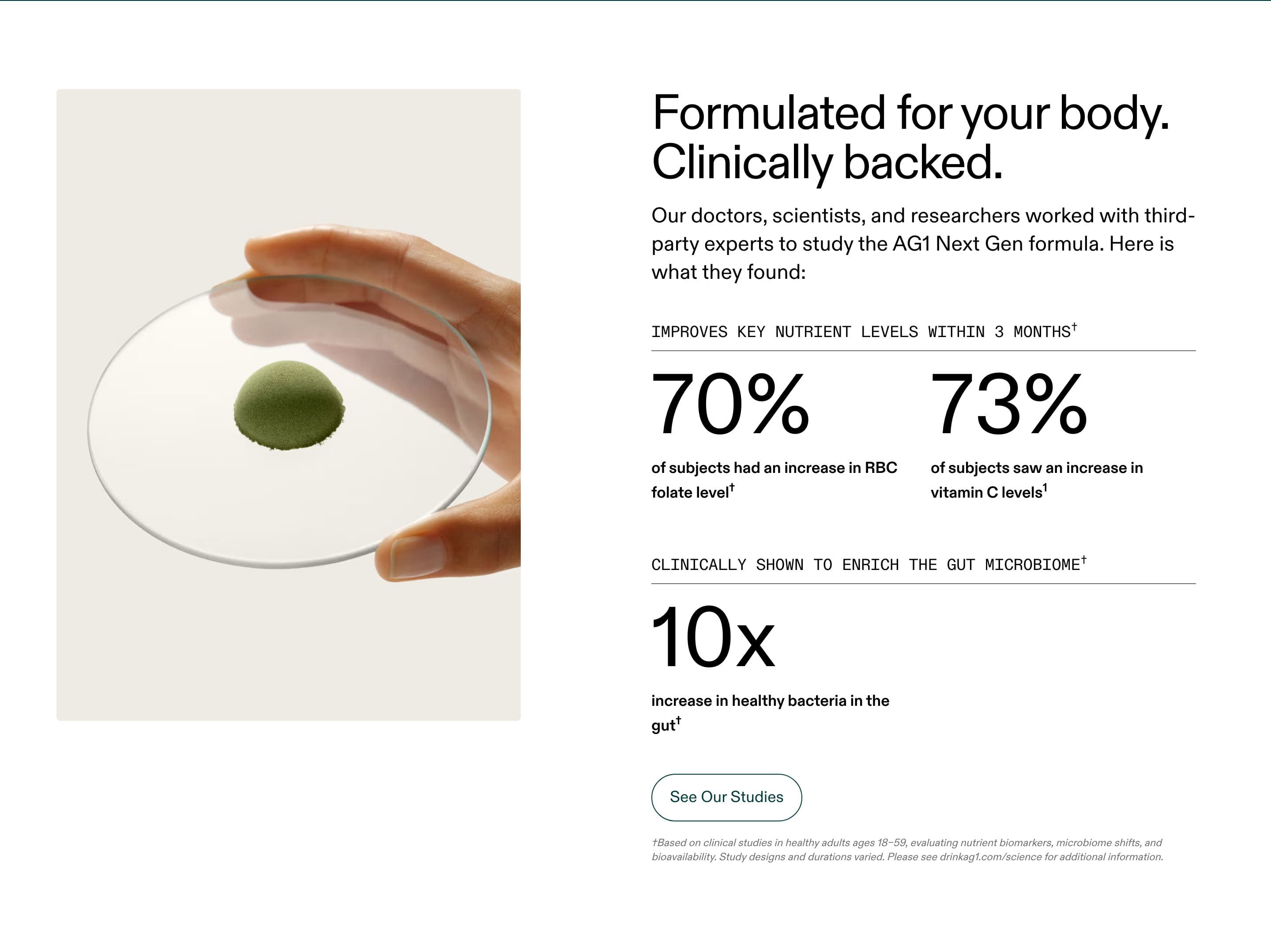 Trust Badges & Guarantees section from AG1 Official, a supplements & wellness Shopify store — desktop screenshot