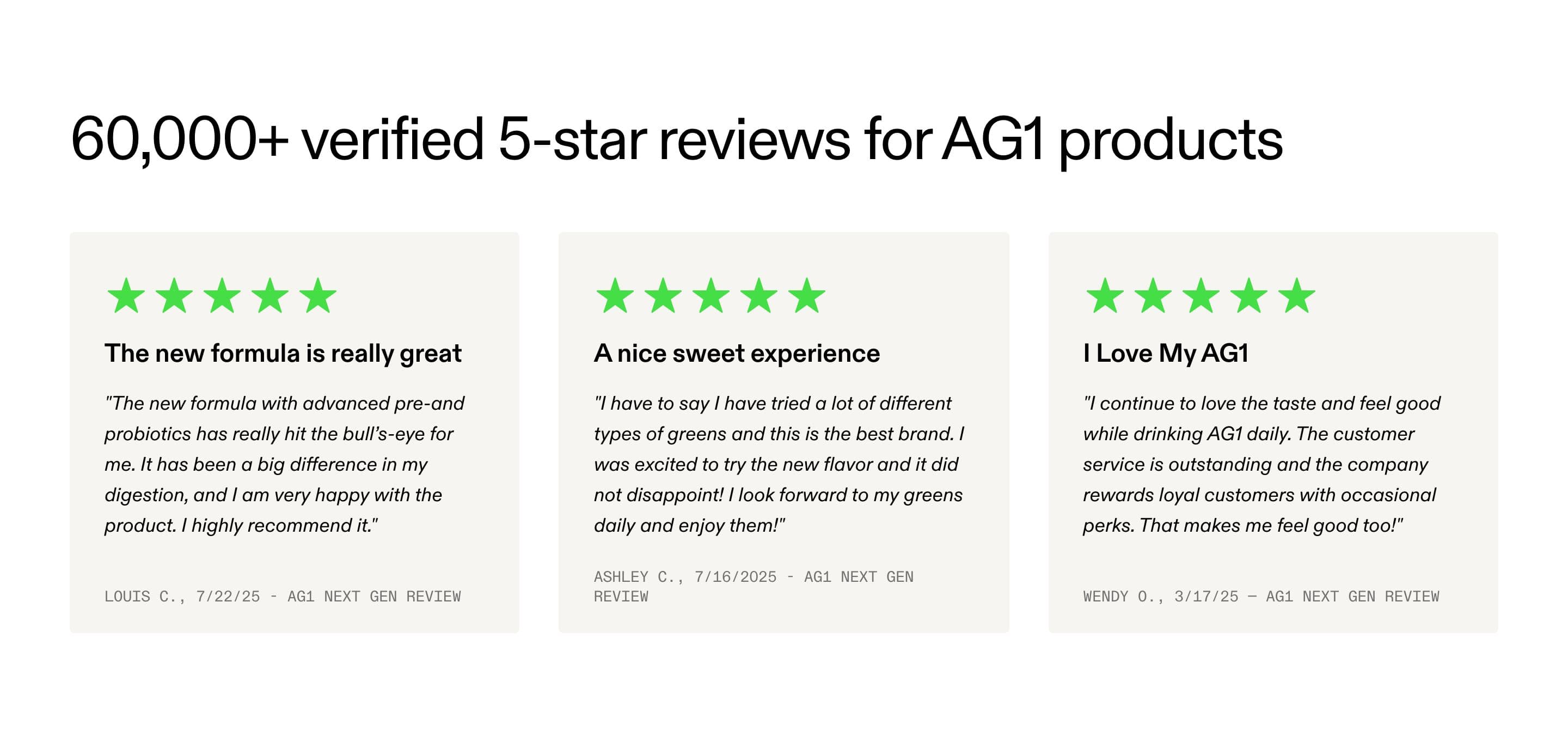 Reviews & Ratings section from AG1 Official, a supplements & wellness Shopify store — desktop screenshot