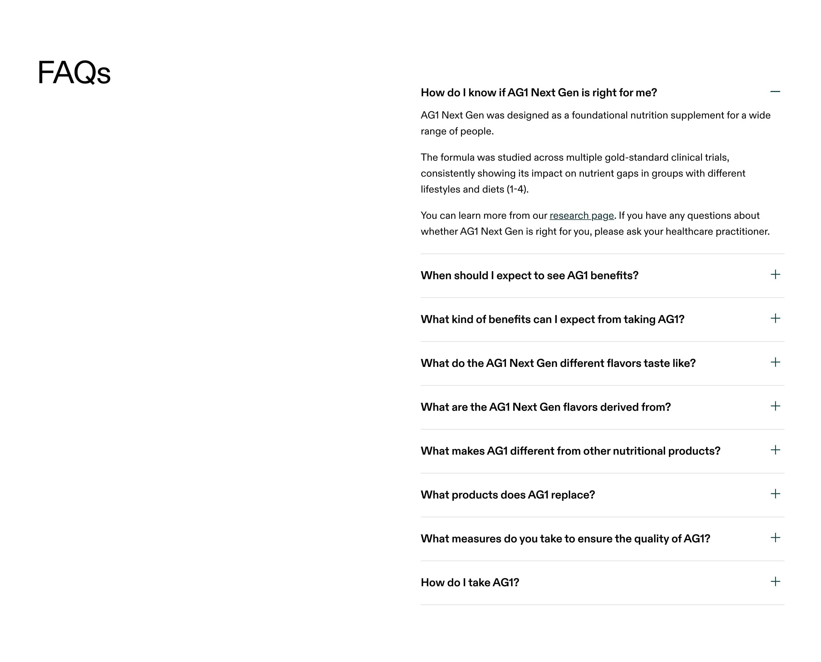 FAQ section from AG1 Official, a supplements & wellness Shopify store — desktop screenshot