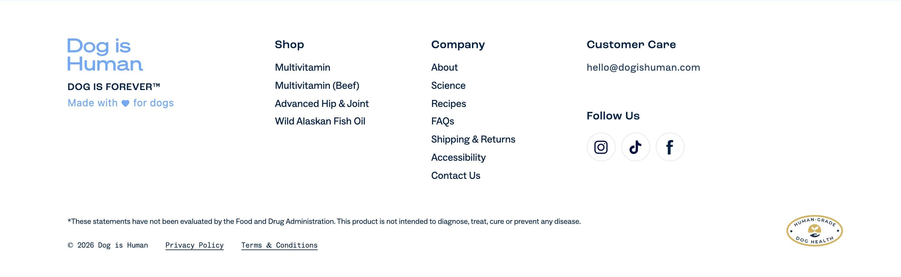 Footer section from Dog Is Human, a pet Shopify store — desktop screenshot