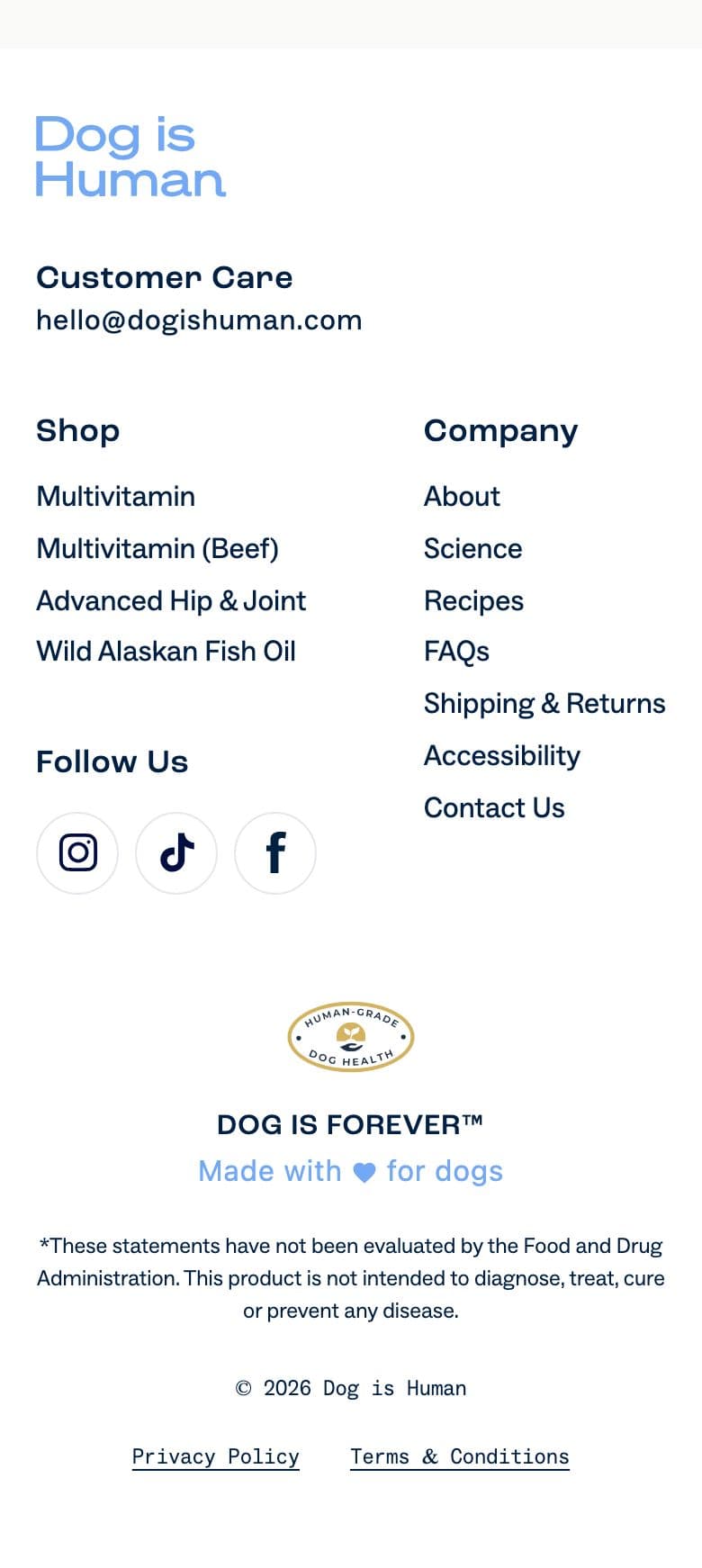 Footer section from Dog Is Human, a pet Shopify store — mobile screenshot