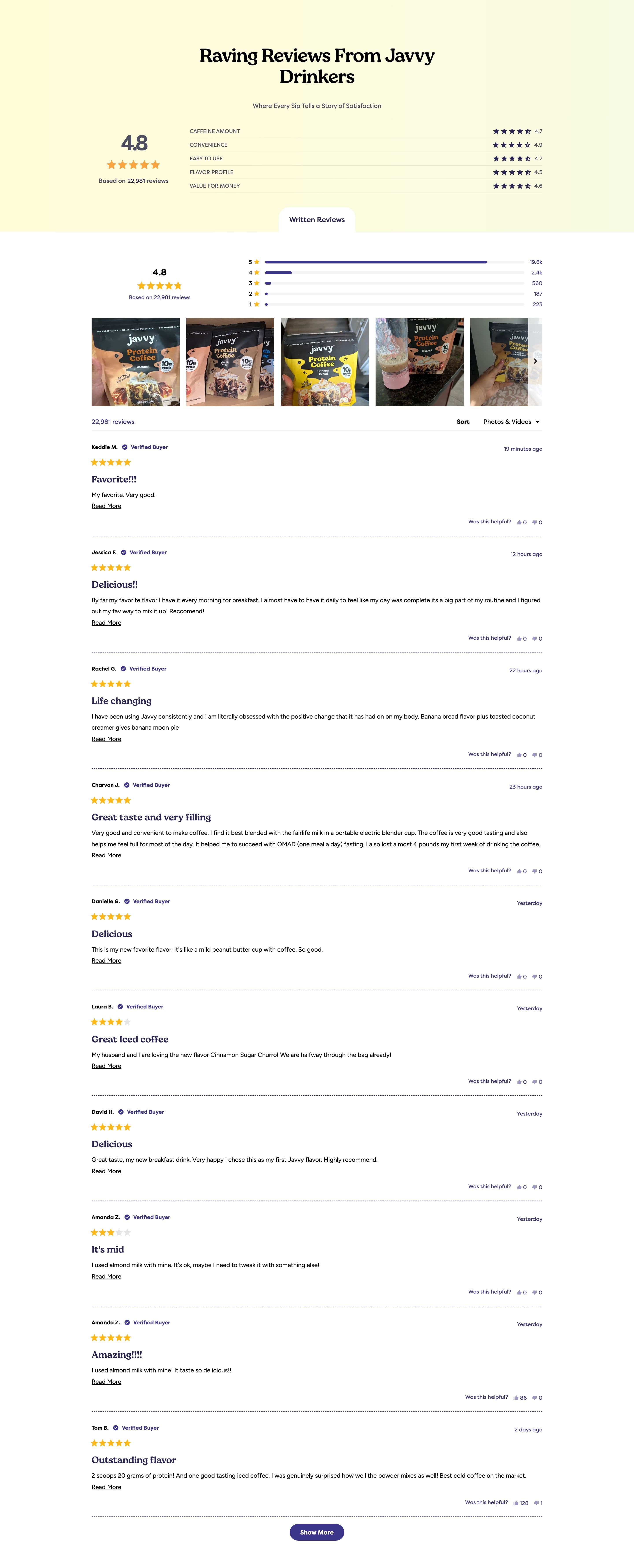 Reviews & Ratings section from Javvy Coffee, a food & beverage Shopify store — desktop screenshot