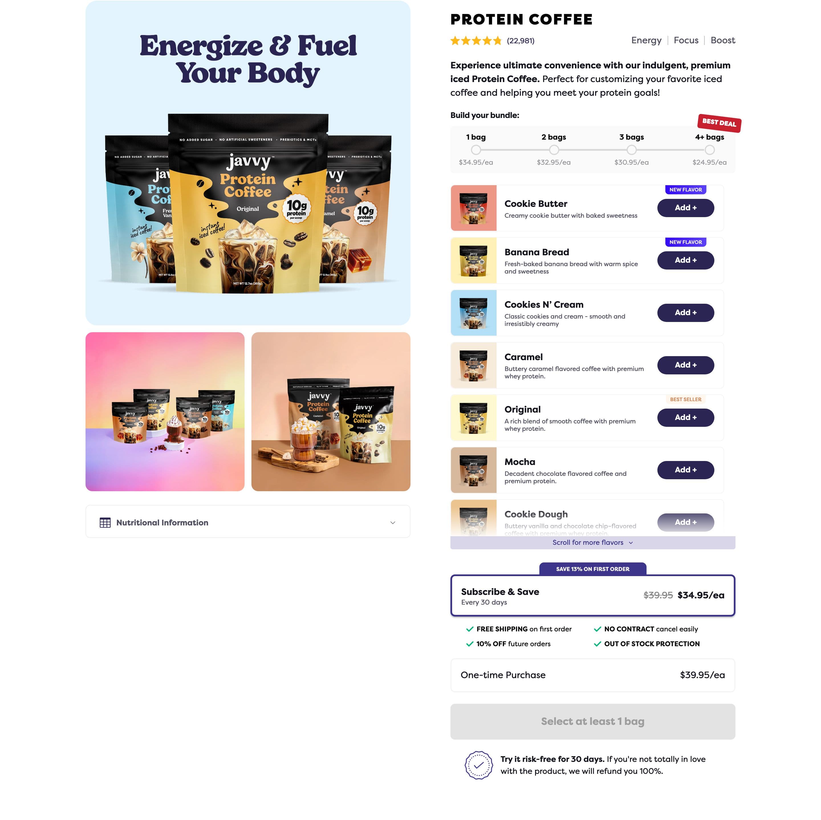 Buy Box & Add-to-Cart section from Javvy Coffee, a food & beverage Shopify store — desktop screenshot