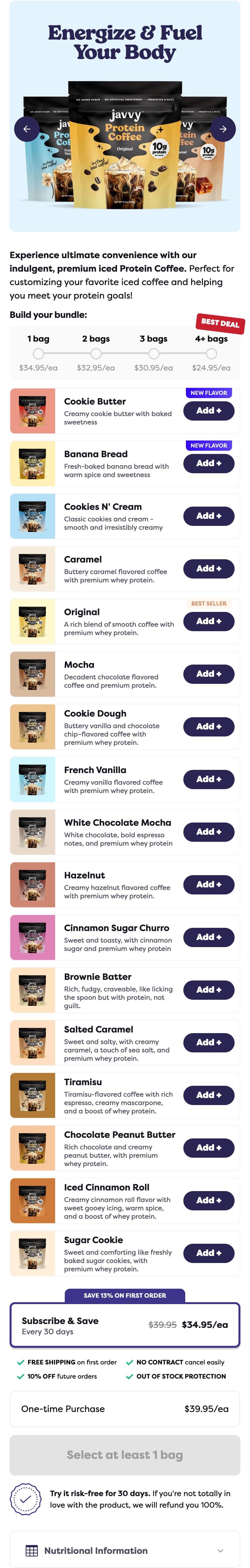 Buy Box & Add-to-Cart section from Javvy Coffee, a food & beverage Shopify store — mobile screenshot