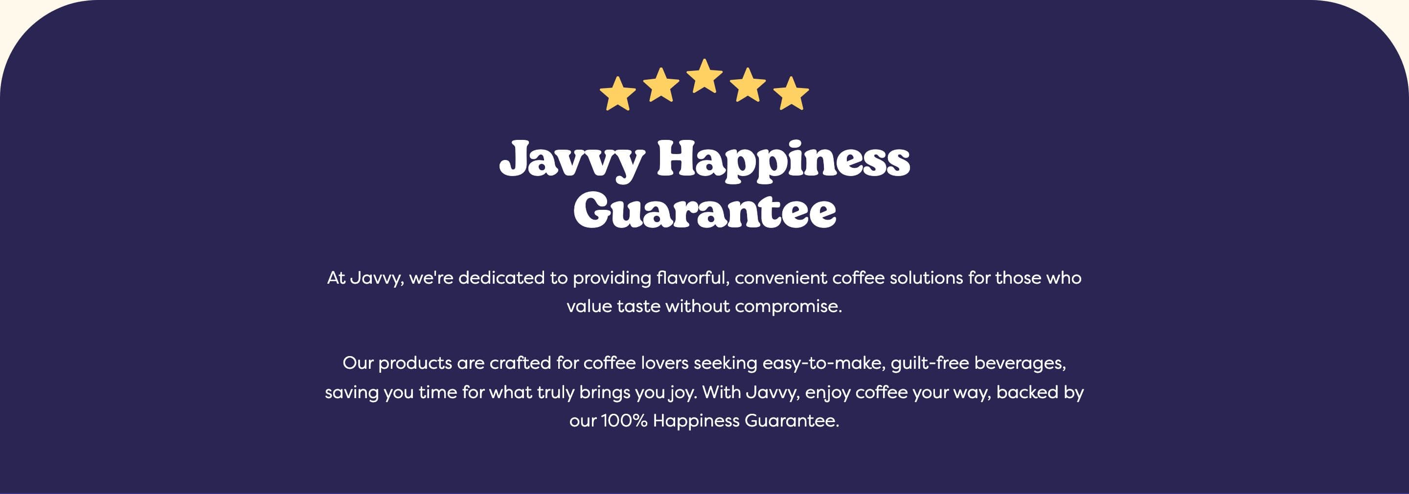 Trust Badges & Guarantees section from Javvy Coffee, a food & beverage Shopify store — desktop screenshot