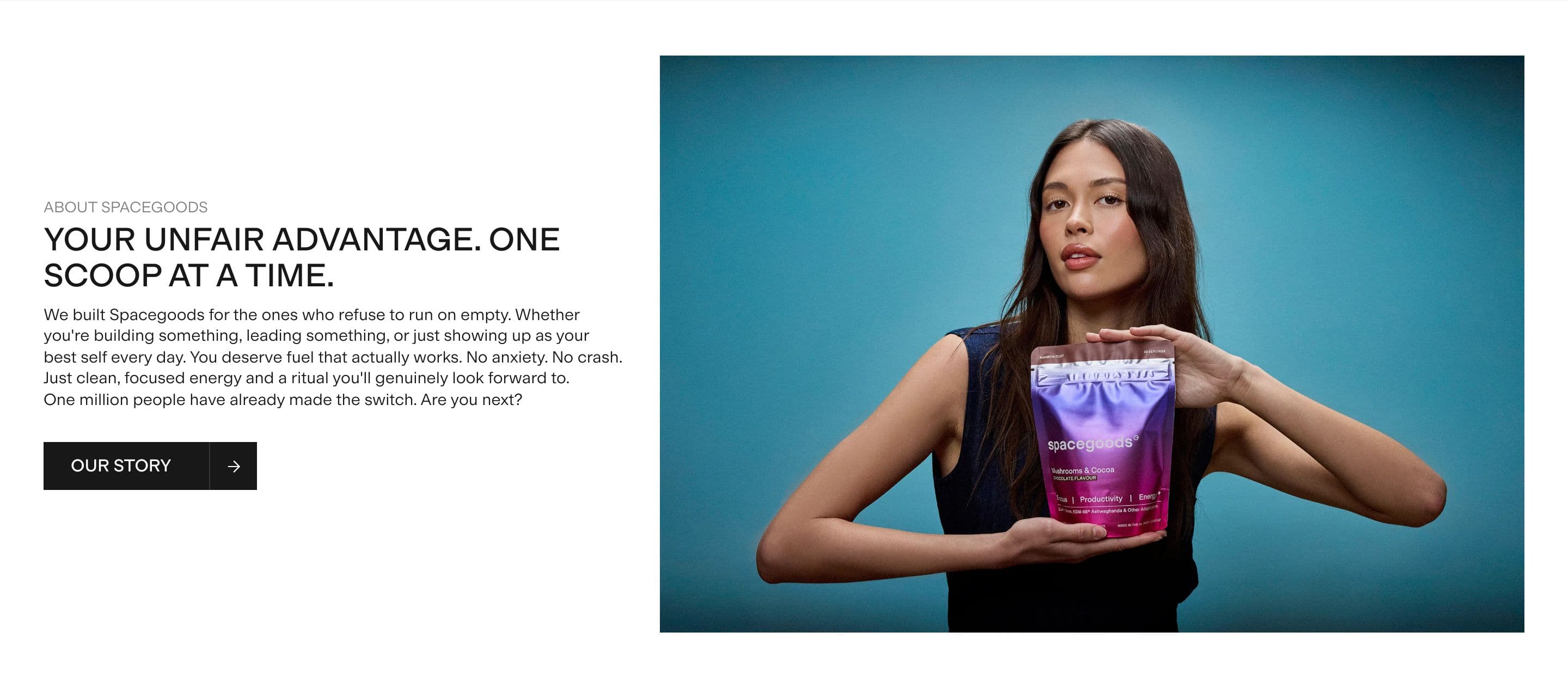 Founder / Brand Story section from Spacegoods, a supplements & wellness Shopify store — desktop screenshot