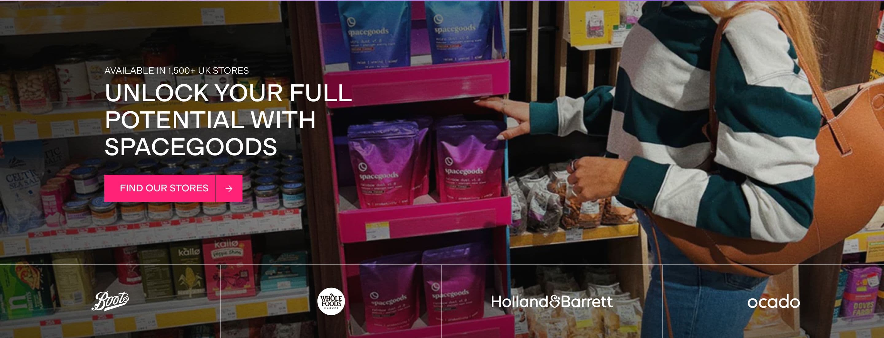 Press & Logos section from Spacegoods, a supplements & wellness Shopify store — desktop screenshot