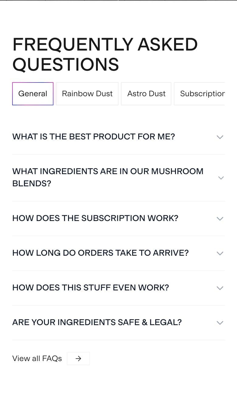 FAQ section from Spacegoods, a supplements & wellness Shopify store — mobile screenshot