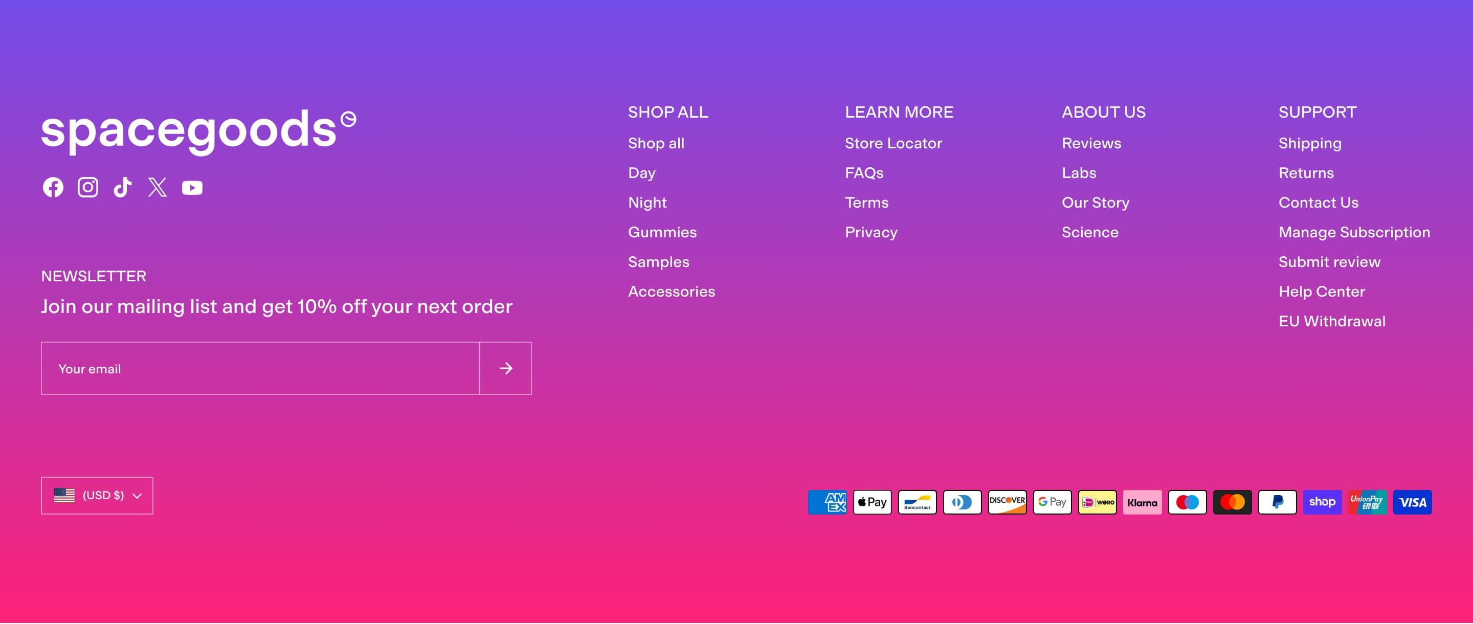 Footer section from Spacegoods, a supplements & wellness Shopify store — desktop screenshot