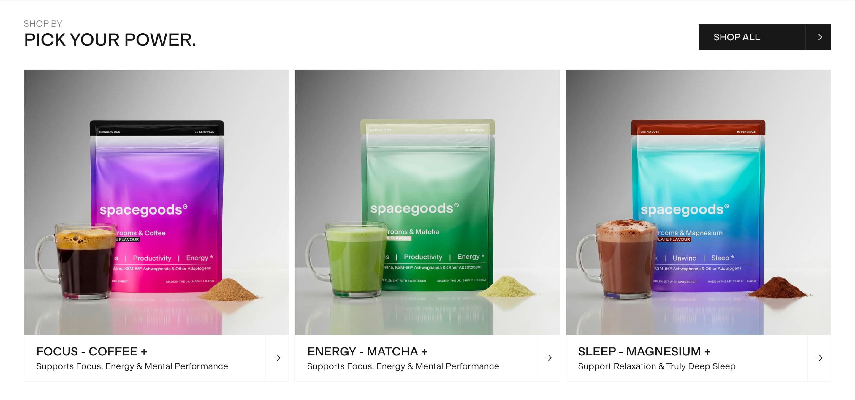 Collection / Product Grid section from Spacegoods, a supplements & wellness Shopify store — desktop screenshot