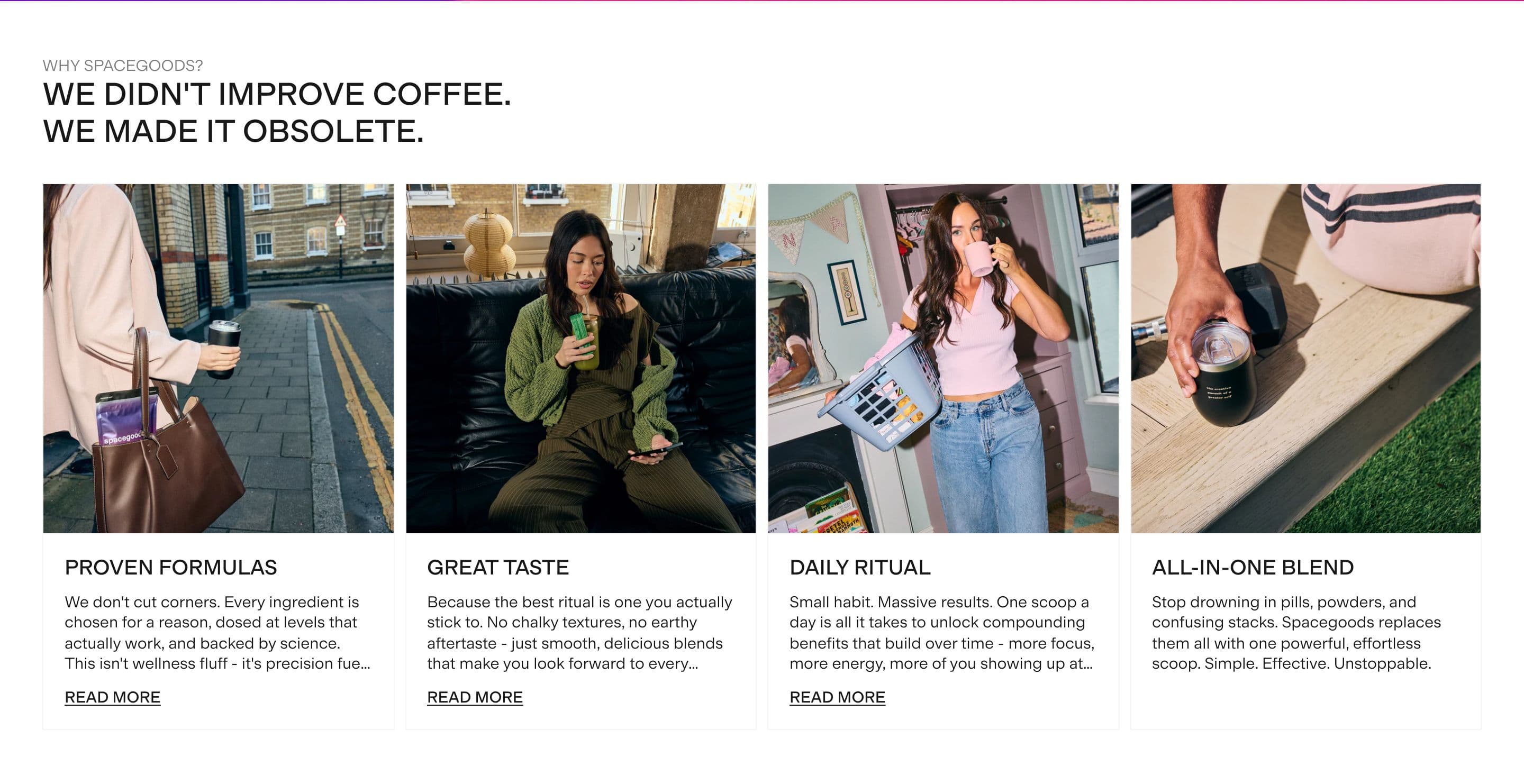 Benefit Row & Icon Features section from Spacegoods, a supplements & wellness Shopify store — desktop screenshot