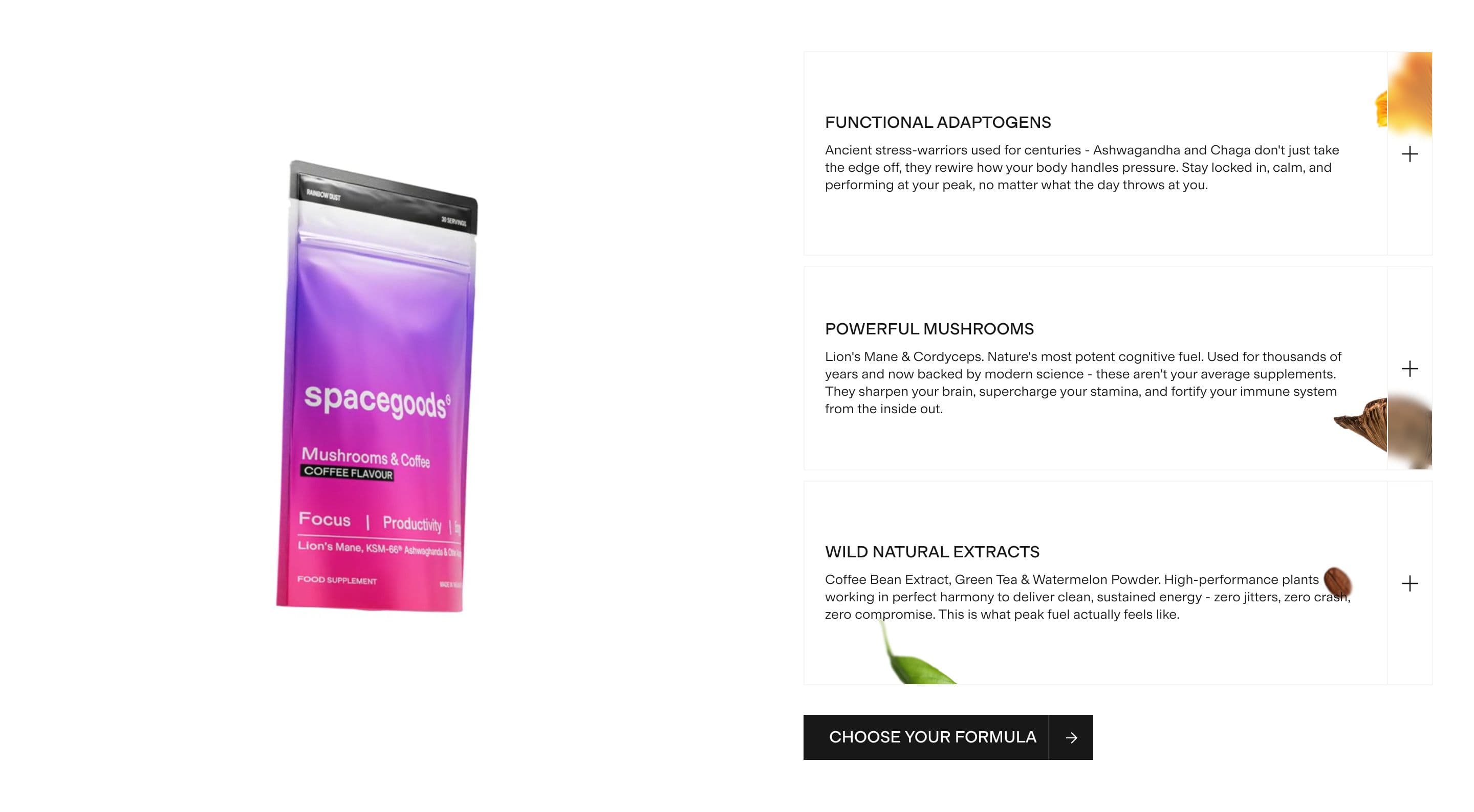 Ingredients / How-to-Use section from Spacegoods, a supplements & wellness Shopify store — desktop screenshot