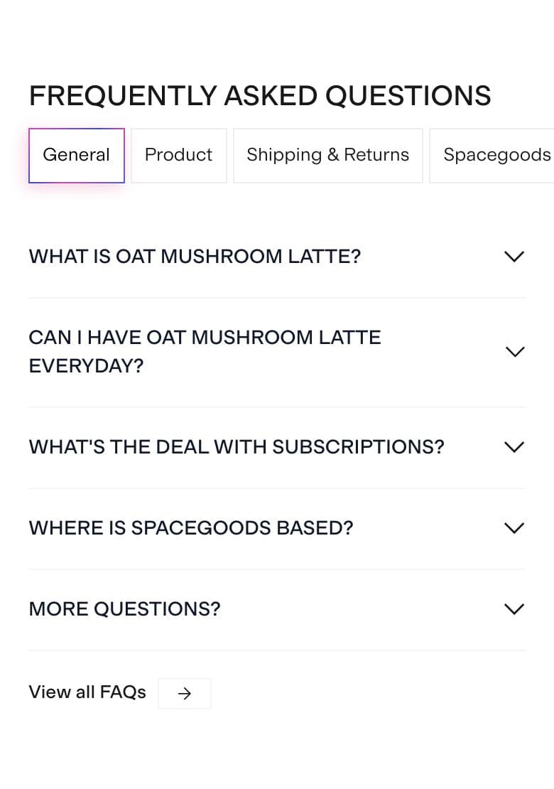 FAQ section from Spacegoods, a supplements & wellness Shopify store — mobile screenshot