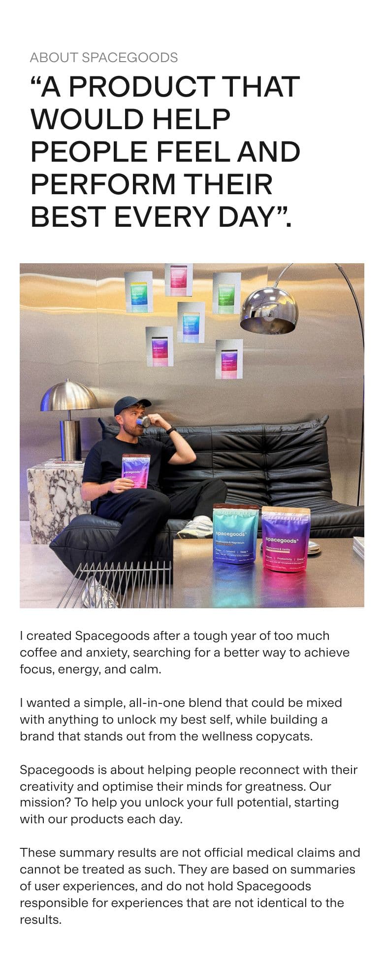 Founder / Brand Story section from Spacegoods, a supplements & wellness Shopify store — mobile screenshot